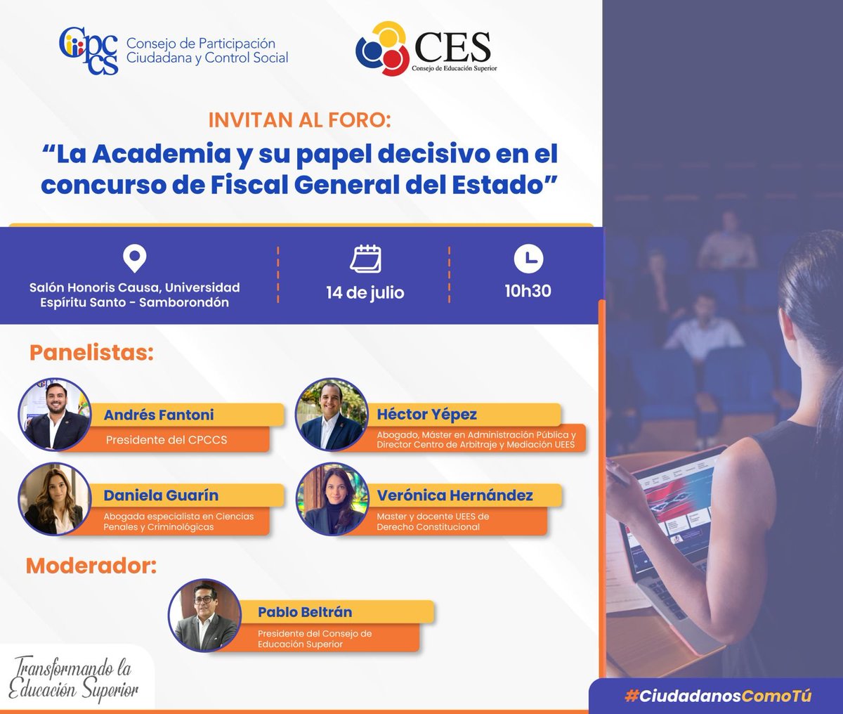 ¡Atención! #Guayaquil   

Empezó el proceso para la selección del próximo Fiscal General y la academia juega un rol primordial.  

Acompáñanos en el Foro para debatir este proceso que involucra a todos los ecuatorianos.
<a href="/uees_ec/">Universidad Espíritu Santo</a> 
<a href="/ces_ec/">CES</a>
