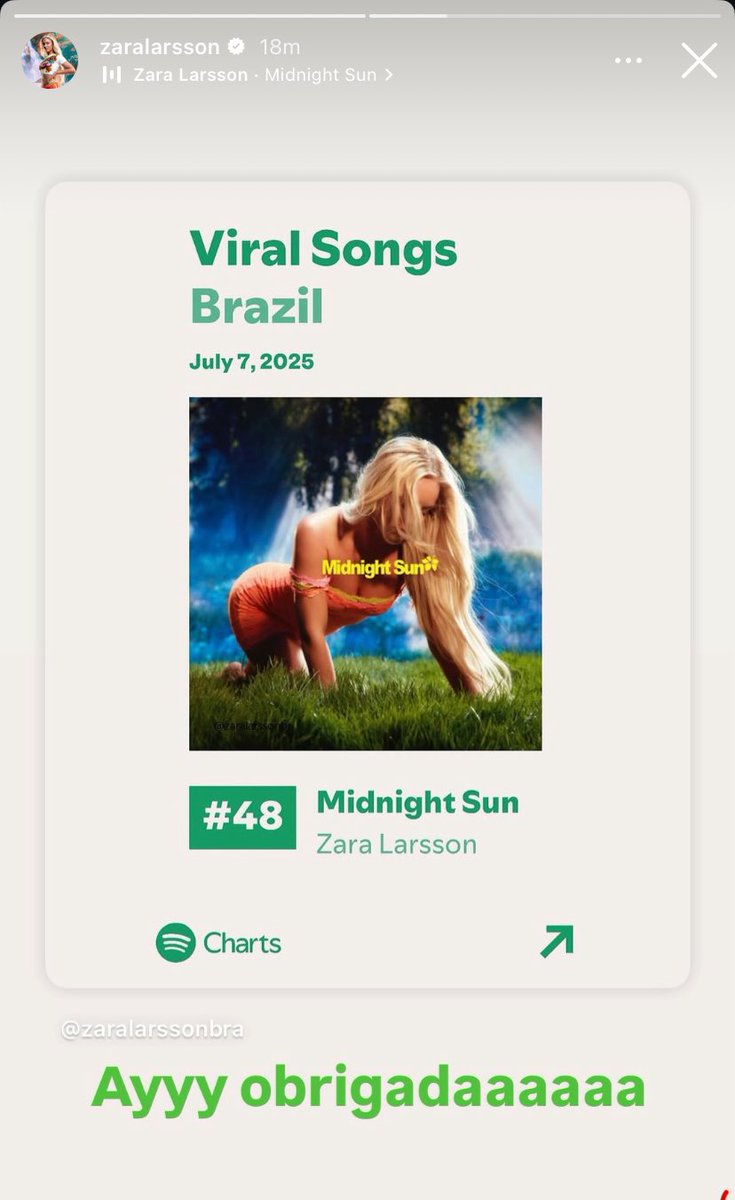 Zara Larsson agradeceu pela estreia de “Midnight Sun” na Viral Songs do Brasil! BOTA PRA SUBIR 🐬💅🏻