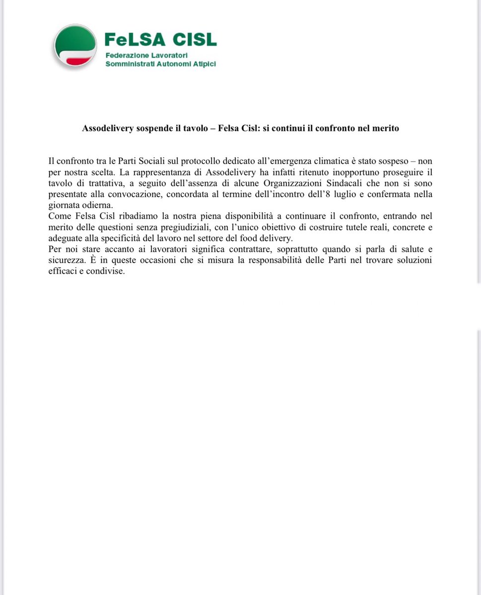 Assodelivery sospende il tavolo - Felsa Cisl : Si continui il confronto nel merito 🛵🔍

In allegato il comunicato della Segreteria Nazionale 👇🏻