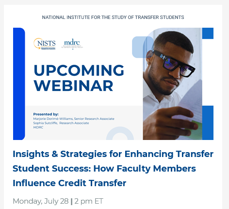 MDRC_News's tweet image. Webinar: July 28, 2 pm
Insights & Strategies for Enhancing Transfer Student Success: How Faculty Members Influence Credit Transfer
Featuring MDRC's Marjorie Dorimé-Williams & Sophia Sutcliffe
Sponsored by @transfertweet ung.zoom.us/webinar/regist…