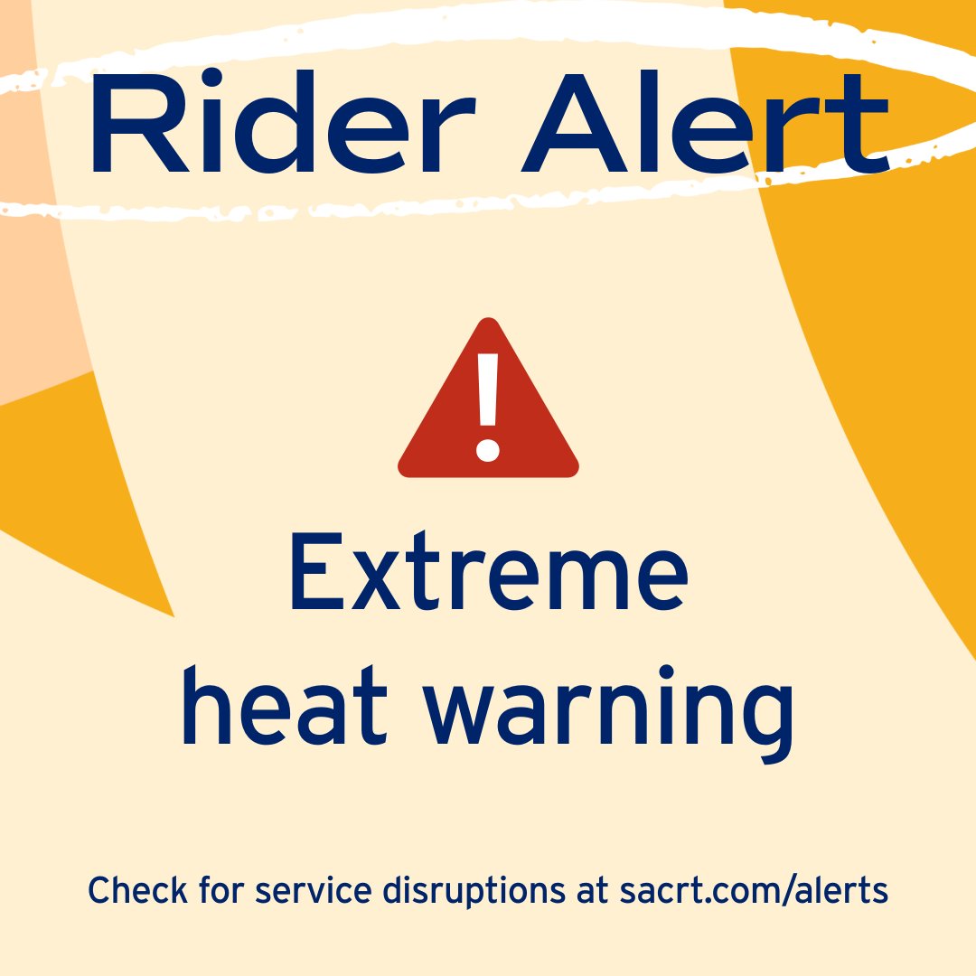 RideSacRT's tweet image. ⚠️Rider Alert: An excessive heat warning is in effect on Thursday and Friday. Days of extreme heat can have a significant strain on SacRT's light rail infrastructure (electrical, overhead wires, tracks and trains), forcing SacRT to operate trains at reduced speeds.
For service…