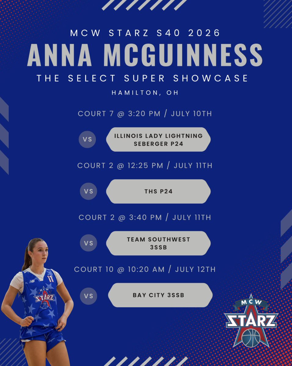 Anna McGuinness (@annaemcguinness) on Twitter photo I’ll be in Hamilton, OH📍with my <a href="/MCWSTARZ/">MCW STARZ</a> team (7/10-7/12) for the Select Super Showcase. Can’t wait to compete with this squad! <a href="/smith31matt/">Matt Smith</a> <a href="/Coach_Pratt_LA/">Emily Pratt</a> <a href="/SelectEventsBB/">Select Events Basketball</a> <a href="/NEPSGBCA/">NEPSGBCA</a> <a href="/PGHNewEngland/">Prep Girls Hoops New England</a> I’ll be in Hamilton, OH📍with my <a href="/MCWSTARZ/">MCW STARZ</a> team (7/10-7/12) for the Select Super Showcase. Can’t wait to compete with this squad! <a href="/smith31matt/">Matt Smith</a> <a href="/Coach_Pratt_LA/">Emily Pratt</a> <a href="/SelectEventsBB/">Select Events Basketball</a> <a href="/NEPSGBCA/">NEPSGBCA</a> <a href="/PGHNewEngland/">Prep Girls Hoops New England</a>