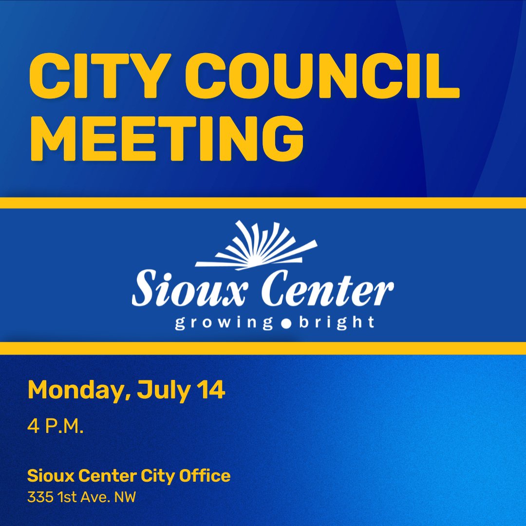 City Council meets Mon., July 14, at 4 p.m. at City Office. On agenda: Police Dept. report, third/final reading of water rate proposal, planning for a proposed Unified Urban Renewal Plan amendment, and more: siouxcenter.org/AgendaCenter/V…