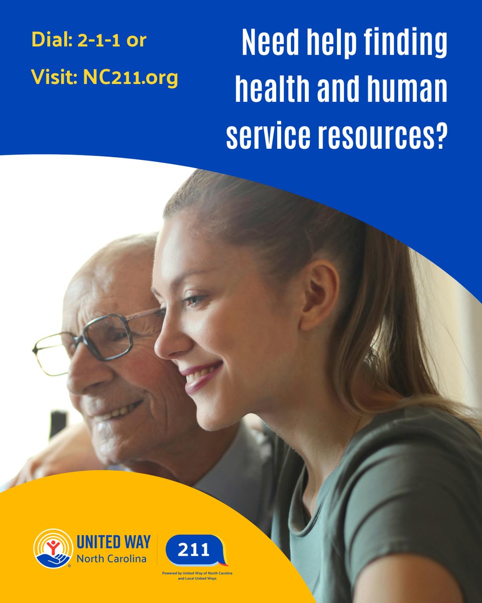 Need help finding health and human services? NC 211 is a free information/referral service for North Carolinians.

For information on health and human services/resources in your area, dial 2-1-1 or visit nc211.org