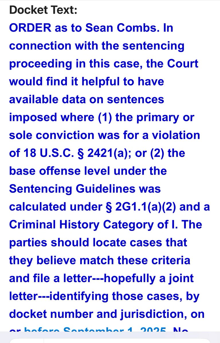 RonaldRichards's tweet image. 🚨🚨Great order for Sean Combs. The judge wants briefing on sentences that only are for the Mann Act or transportation of prostitution cases. This is a good sign for Sean Combs team the court is not considering the conduct on the charges that were acquitted. I can tell you…