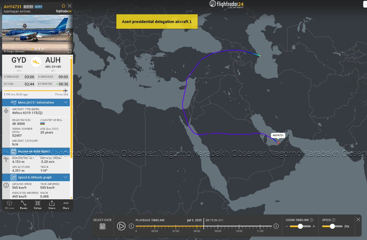 NKobserver's tweet image. MAJOR - #Armenia and #Azerbaijan leaders in UAE right now, to meet tomorrow, 10 July, to sign/discuss agreements. Aliyev arrived first, he took the long route avoiding #Iran airspace with two aircraft (regs. 4K-8888, 4k-AI001). Armenia's Pashinyan took the shorter route, but his…