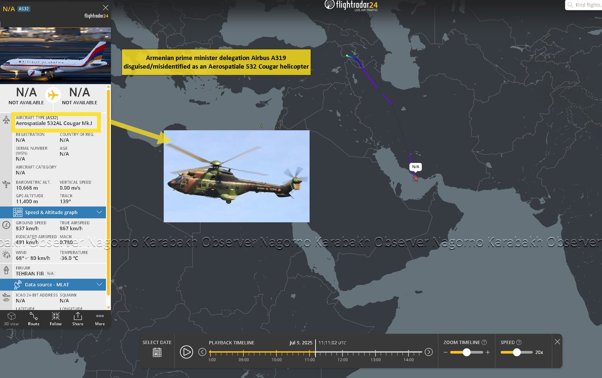 NKobserver's tweet image. MAJOR - #Armenia and #Azerbaijan leaders in UAE right now, to meet tomorrow, 10 July, to sign/discuss agreements. Aliyev arrived first, he took the long route avoiding #Iran airspace with two aircraft (regs. 4K-8888, 4k-AI001). Armenia's Pashinyan took the shorter route, but his…