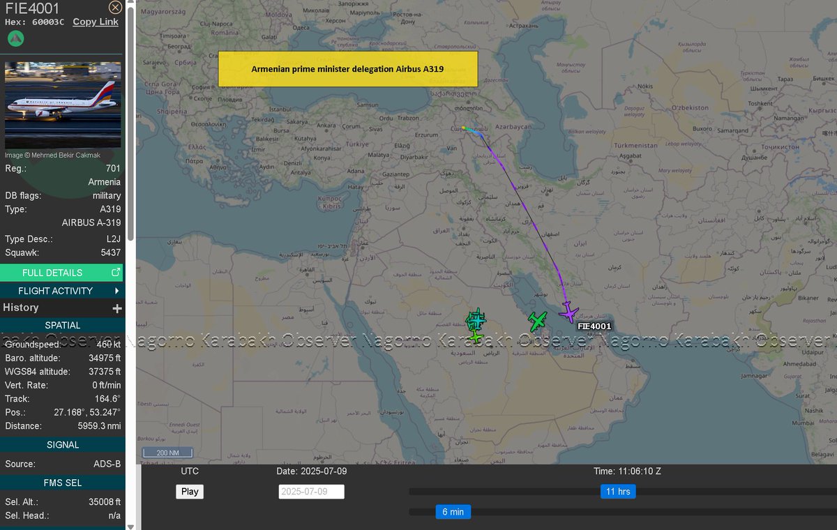 NKobserver's tweet image. MAJOR - #Armenia and #Azerbaijan leaders in UAE right now, to meet tomorrow, 10 July, to sign/discuss agreements. Aliyev arrived first, he took the long route avoiding #Iran airspace with two aircraft (regs. 4K-8888, 4k-AI001). Armenia's Pashinyan took the shorter route, but his…