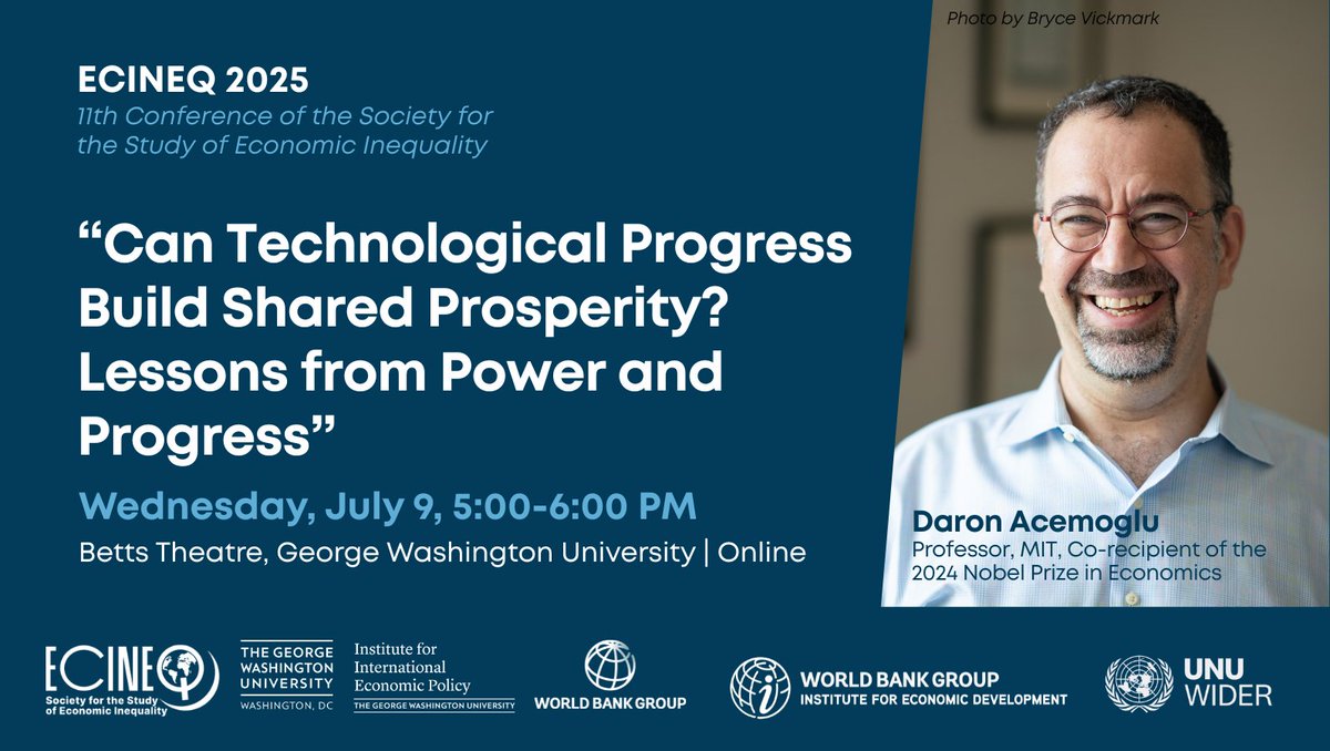 World Bank Poverty (@wbg_poverty) on Twitter photo Join us NOW for <a href="/MIT/">Massachusetts Institute of Technology (MIT)</a> Prof. & #NobelPrize Laureate <a href="/DAcemogluMIT/">Daron Acemoglu</a>'s keynote address on whether technological progress can build shared prosperity as part of the 11th Conference of the Society for the Study of Economic Inequality (<a href="/ecineq/">Ecineq</a>).
worldbank.org/en/events/2025… Join us NOW for <a href="/MIT/">Massachusetts Institute of Technology (MIT)</a> Prof. & #NobelPrize Laureate <a href="/DAcemogluMIT/">Daron Acemoglu</a>'s keynote address on whether technological progress can build shared prosperity as part of the 11th Conference of the Society for the Study of Economic Inequality (<a href="/ecineq/">Ecineq</a>).
worldbank.org/en/events/2025…