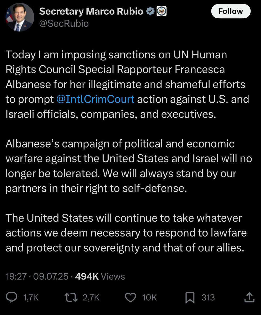 Marco Rubio is sanctioning Francesca Albanese for trying to hold Israel accountable at the ICC. Nothing says “Israel’s obedient servant” quite like punishing truth-tellers.