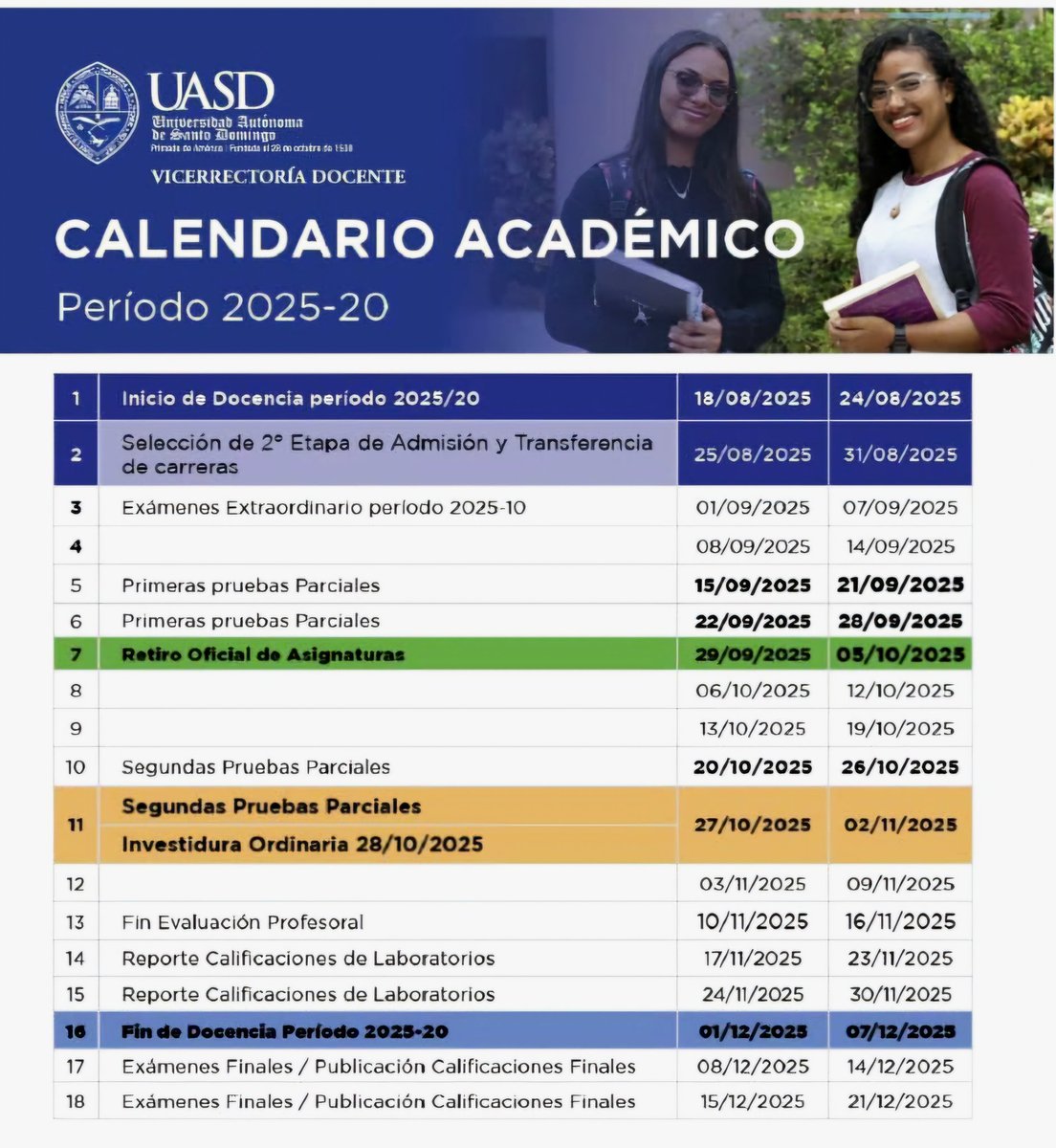 🗓️ ¡Ya salió el calendario académico 2025-20 de la UASD!
Atención con las fechas clave: inicio de clases, retiros, parciales y exámenes finales. ¡Organízate desde ya!
#UASDBarahona #CalendarioAcadémico