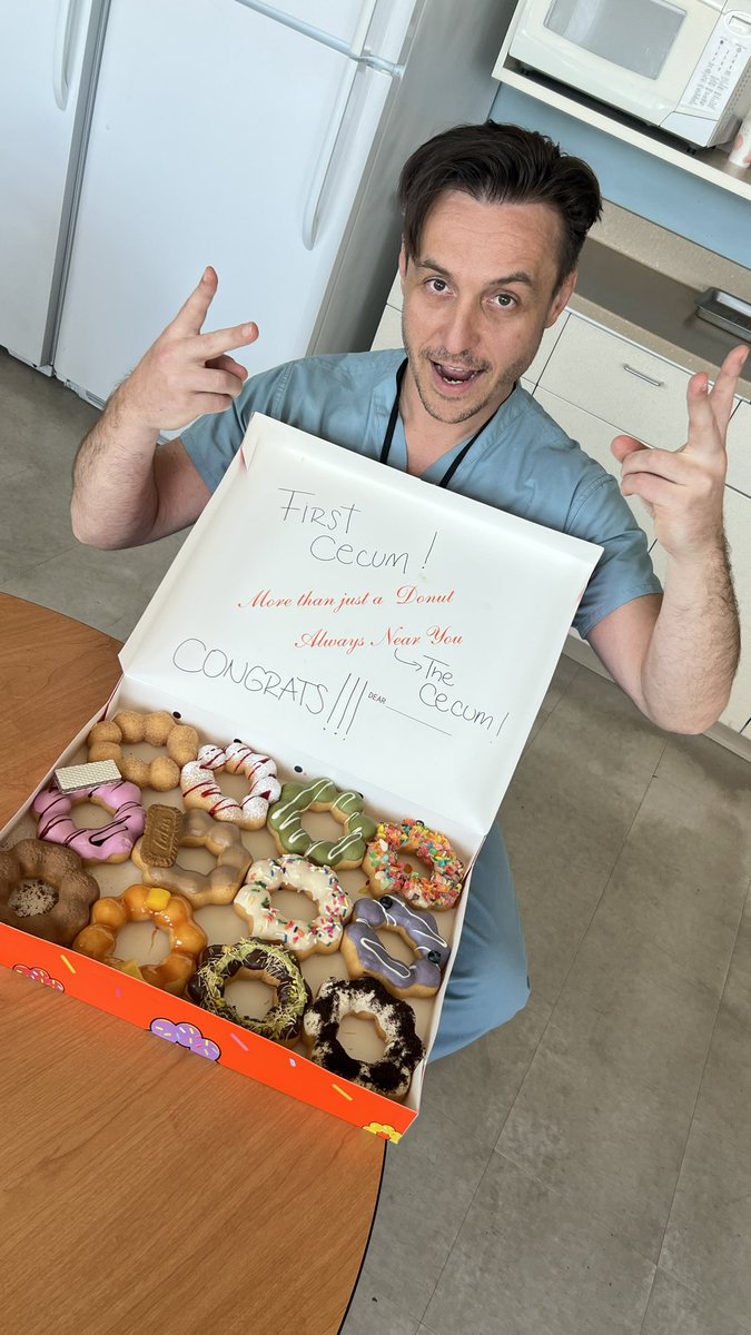 Cecum ALERT 🚨 🚨🚨 <a href="/UMN_GIHep/">GI & Hepatology Division - University of Minnesota</a> 

Congratulations to first year fellow <a href="/JosephKumka/">Joseph (GI Joe) Kumka, M.D., Ph.D.</a> for reaching his first cecum!!! 🎖️

Celebrating with delicious cecum 🍩 🍩🍩 that look more like the IC valve 🎉

Great milestone Joe! 👏🏽✨