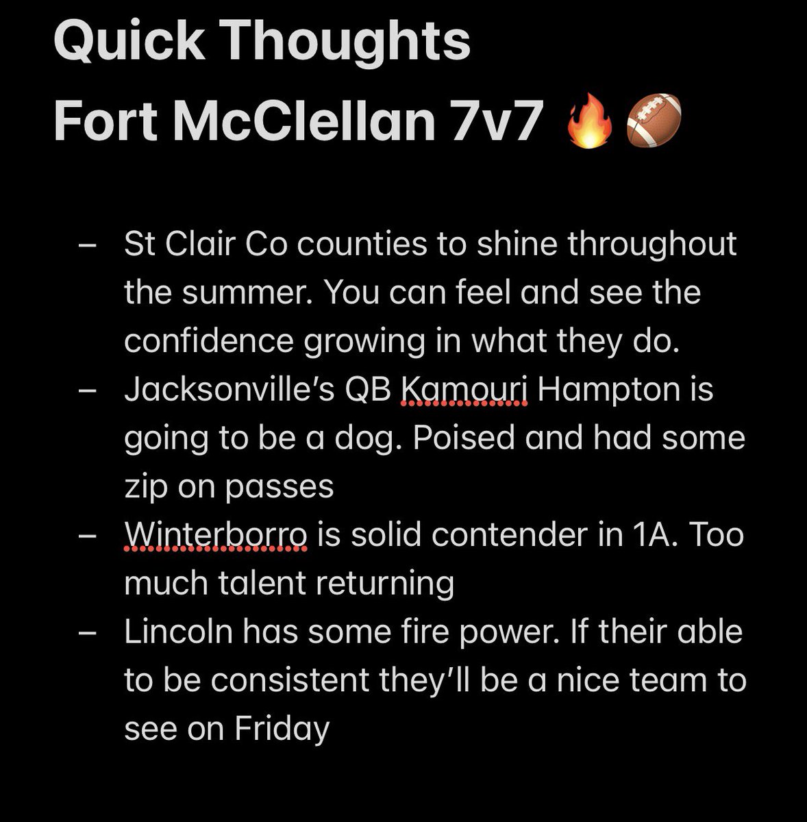 UnLockYourGame (@unlockyourgame) on Twitter photo Quick Thoughts from yesterday FCA 7v7 at Fort McClellan ⬇️
Firm believer in <a href="/StClair_FBall/">St. Clair County Football</a> 📈
<a href="/Jville_Football/">Jacksonville Football</a> is in great hands with <a href="/K_Harmon23/">Kamouri Harmon</a> at QB
Winterborro’s time is coming with <a href="/mansfield16/">Coach Mansfield</a>
Connection at <a href="/RecruitLincoln1/">Lincoln High School Football</a> <a href="/niccatlett33/">Nic Catlett</a> <a href="/ellis7_king/">jamicheal ellis</a> <a href="/Braycollins_3/">Brayden collins</a> Quick Thoughts from yesterday FCA 7v7 at Fort McClellan ⬇️
Firm believer in <a href="/StClair_FBall/">St. Clair County Football</a> 📈
<a href="/Jville_Football/">Jacksonville Football</a> is in great hands with <a href="/K_Harmon23/">Kamouri Harmon</a> at QB
Winterborro’s time is coming with <a href="/mansfield16/">Coach Mansfield</a>
Connection at <a href="/RecruitLincoln1/">Lincoln High School Football</a> <a href="/niccatlett33/">Nic Catlett</a> <a href="/ellis7_king/">jamicheal ellis</a> <a href="/Braycollins_3/">Brayden collins</a>