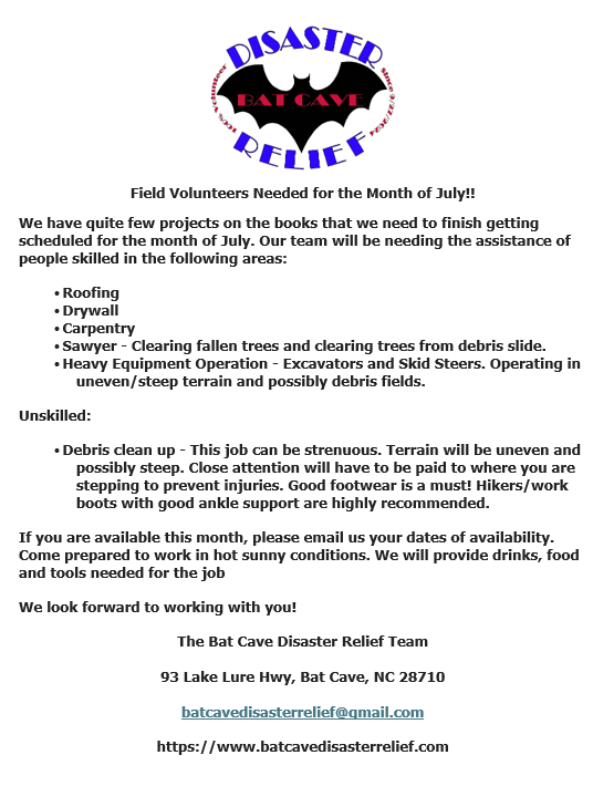 Please Share!! It's going to be another busy month, and the team is going to need some extra help!
Volunteer at batcavedisasterrelief.com/volunteer
Skilled tradesmen will be needed!
#batcavedisasterrelief #NorthCarolina #HurricaneHelene #hurricanerelief #rebuild #tradesman #volunteer