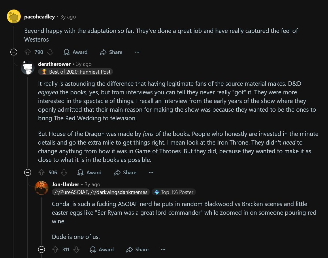 How is the same guy responsible for HOTD season 1 and HOTD season 2!! It feels like two separate showrunners made them, the former being a true ASOIAF fan, and the latter being delusional