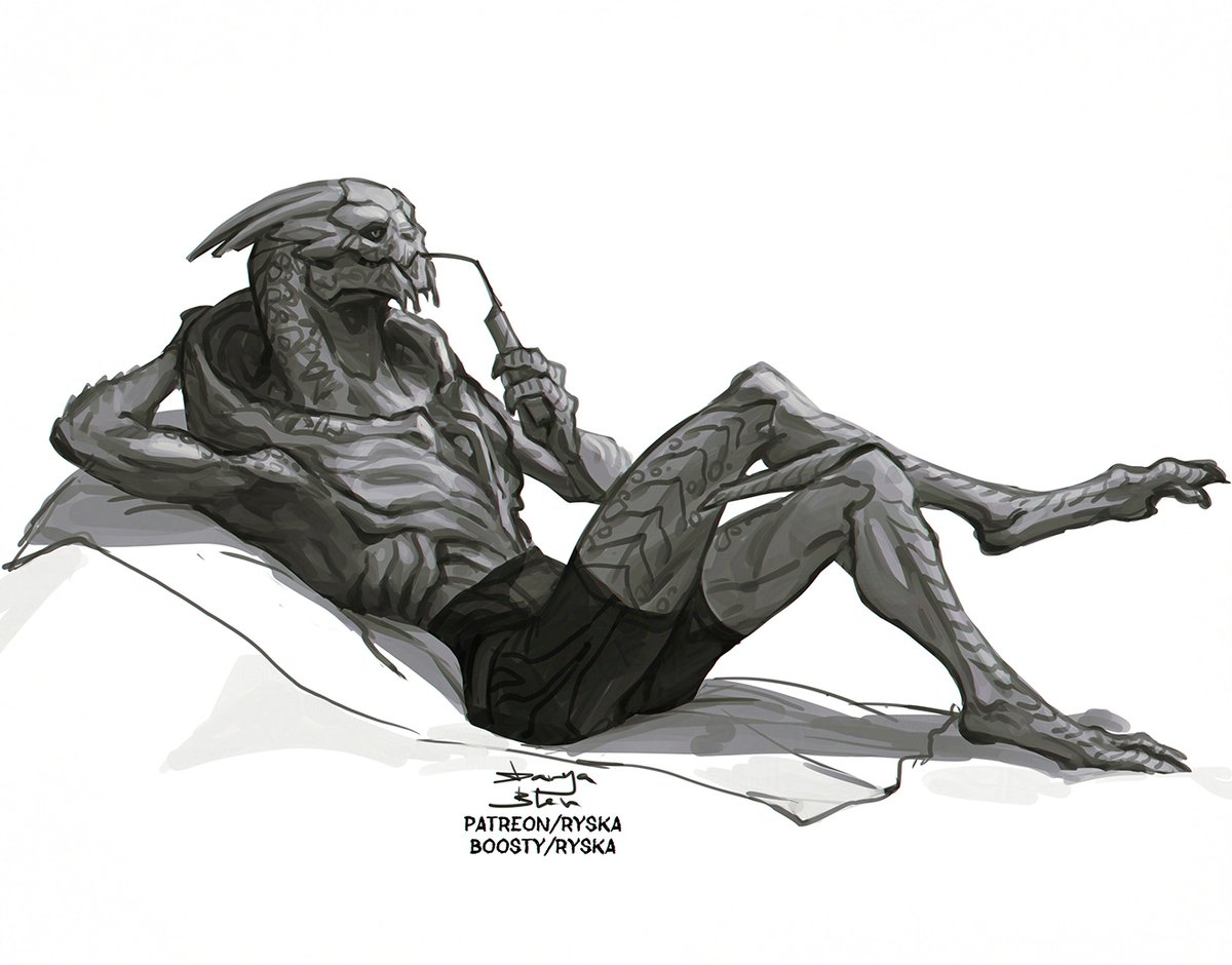 DaryaBler's tweet image. Garrus is basking in the sun. He's lying on a pile of sand because it can take any shape.
request for serpent sponsor