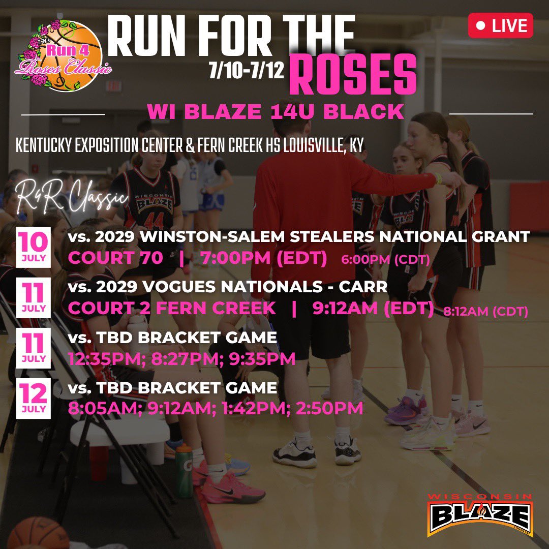 Lisa Van Wyk (@lisamvanwyk) on Twitter photo 2/2 Thread๐งต
Can't wait to have you experience our
BLUE COLLAR <a href="/WisconsinBlaze/">Wisconsin Blaze Girls Basketball</a> Girls 17u/16u/15u/14u Black teams WORK at <a href="/TFNsRun4Roses/">TFN's Run 4 Roses</a> in KY! Take the grit in!
๐ฅ17u Black
<a href="/AllysenBuss/">Allysen Buss</a>
<a href="/Brinnapaulson3/">Brinna</a>
๐ฅ16u Black
<a href="/MylaJanquart/">Myla Janquart</a>
๐ฅ15u Black
<a href="/EmilieMaser/">Emilie Maser</a>
Schedules ๐ฐ๐คช๐๐ฝ 2/2 Thread๐งต
Can't wait to have you experience our
BLUE COLLAR <a href="/WisconsinBlaze/">Wisconsin Blaze Girls Basketball</a> Girls 17u/16u/15u/14u Black teams WORK at <a href="/TFNsRun4Roses/">TFN's Run 4 Roses</a> in KY! Take the grit in!
๐ฅ17u Black
<a href="/AllysenBuss/">Allysen Buss</a>
<a href="/Brinnapaulson3/">Brinna</a>
๐ฅ16u Black
<a href="/MylaJanquart/">Myla Janquart</a>
๐ฅ15u Black
<a href="/EmilieMaser/">Emilie Maser</a>
Schedules ๐ฐ๐คช๐๐ฝ