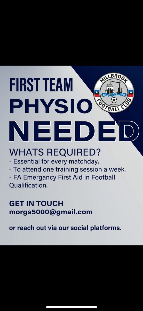 If you or anyone you know would be interested in our first team physio role <a href="/Millbrook_FC/">Millbrook FC</a> please get in touch. 

Great club to be involved with 🙌🏻⚽️

#physiotherapy #MillbrookFC