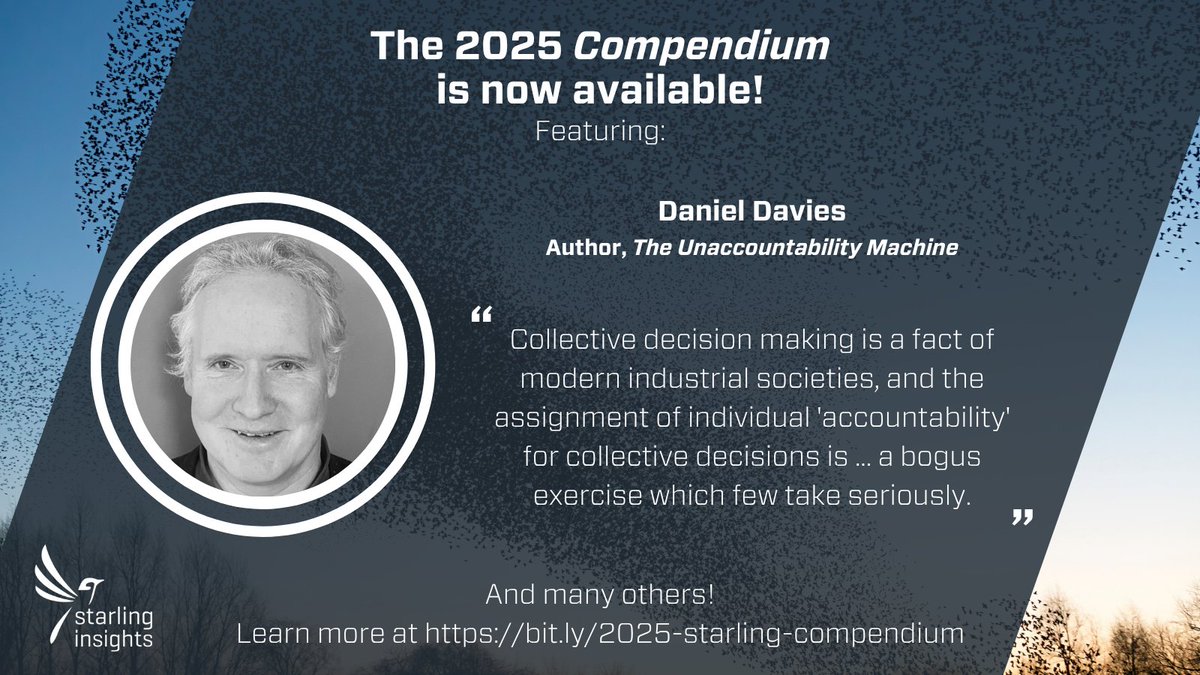 StarlingTrust's tweet image. Don't miss the article by Daniel Davies (@dsquareddigest), author of "The Unaccountability Machine: Why Big Systems Make Terrible Decisions—and How the World Lost Its Mind," in our 2025 Compendium!
Davies challenges the prevailing notion that accountability for organizational…