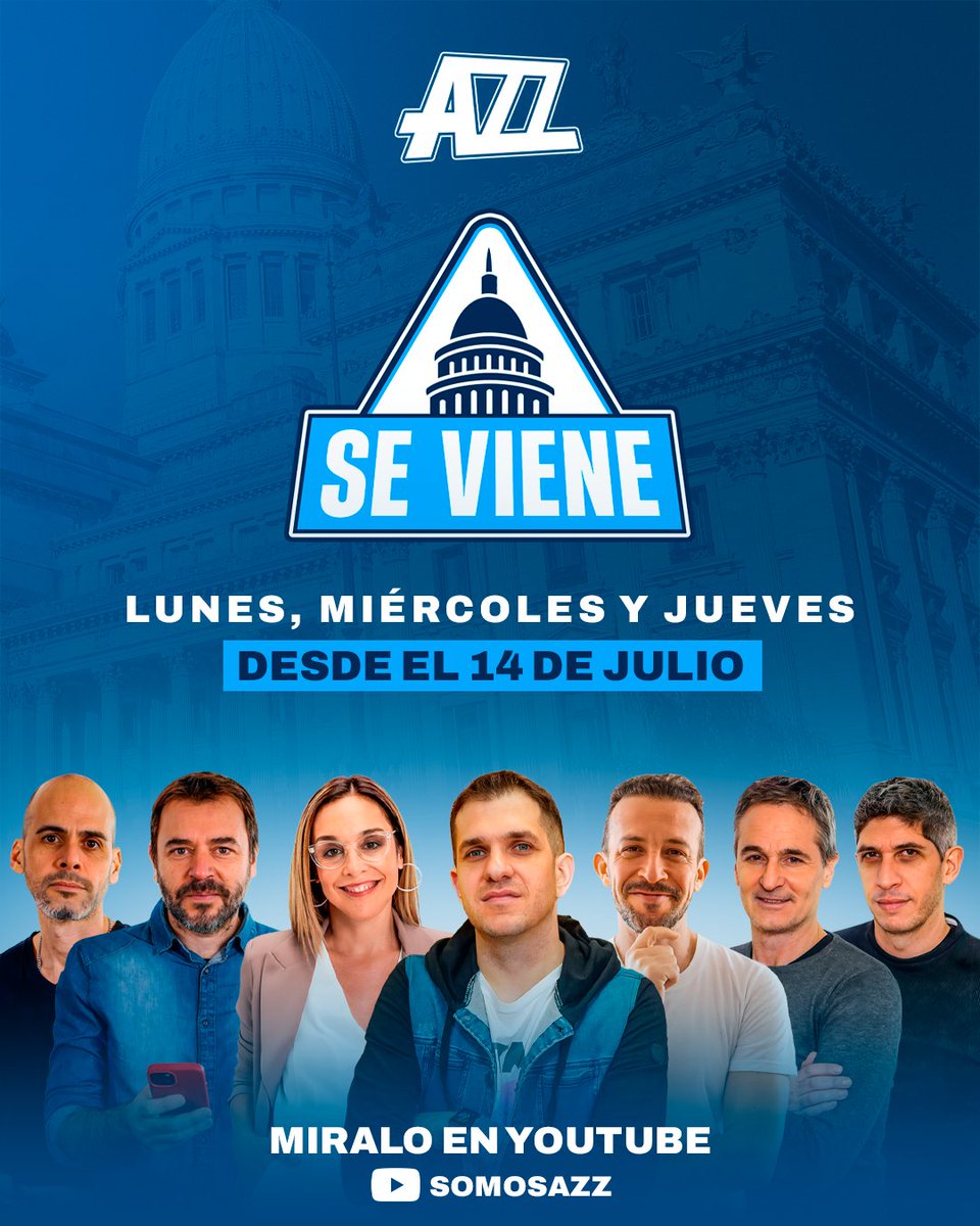 AZZ (@azzenstream) on Twitter photo #SeViene una dosis de política, economía e investigaciones que harán temblar al poder (pero también a la pelotita ⚽️)
Desde el 14/7, prendete a unas tardes cargadas de data con <a href="/andreslerner90/">Andres Lerner</a>, <a href="/nbg__/">Noe Barral Grigera</a>, <a href="/aleberco/">Alejandro Bercovich</a>, <a href="/julianguarino/">Julián Guarino</a>, <a href="/ibanezsoy/">I b á ñ e z</a>, <a href="/otro_periodista/">Diego Genoud</a> y <a href="/carusopablo/">Pablo Caruso</a> #SeViene una dosis de política, economía e investigaciones que harán temblar al poder (pero también a la pelotita ⚽️)
Desde el 14/7, prendete a unas tardes cargadas de data con <a href="/andreslerner90/">Andres Lerner</a>, <a href="/nbg__/">Noe Barral Grigera</a>, <a href="/aleberco/">Alejandro Bercovich</a>, <a href="/julianguarino/">Julián Guarino</a>, <a href="/ibanezsoy/">I b á ñ e z</a>, <a href="/otro_periodista/">Diego Genoud</a> y <a href="/carusopablo/">Pablo Caruso</a>