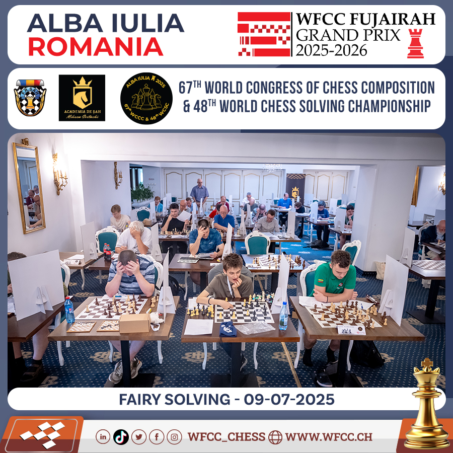 Wfcc_Chess's tweet photo. The 67th world congress of chess composition & 48th world chess solving championship
Alba Iulia, Romania
FAIRY SOLVING - 09-07-2025
#chess #wfcc #chessproblem #solving #composition #checkmate #threemover https://t.co/DIkMa04AND