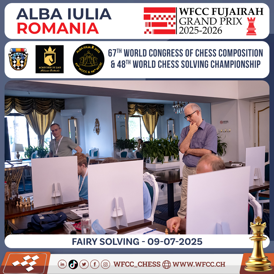 Wfcc_Chess's tweet photo. The 67th world congress of chess composition & 48th world chess solving championship
Alba Iulia, Romania
FAIRY SOLVING - 09-07-2025
#chess #wfcc #chessproblem #solving #composition #checkmate #threemover https://t.co/DIkMa04AND