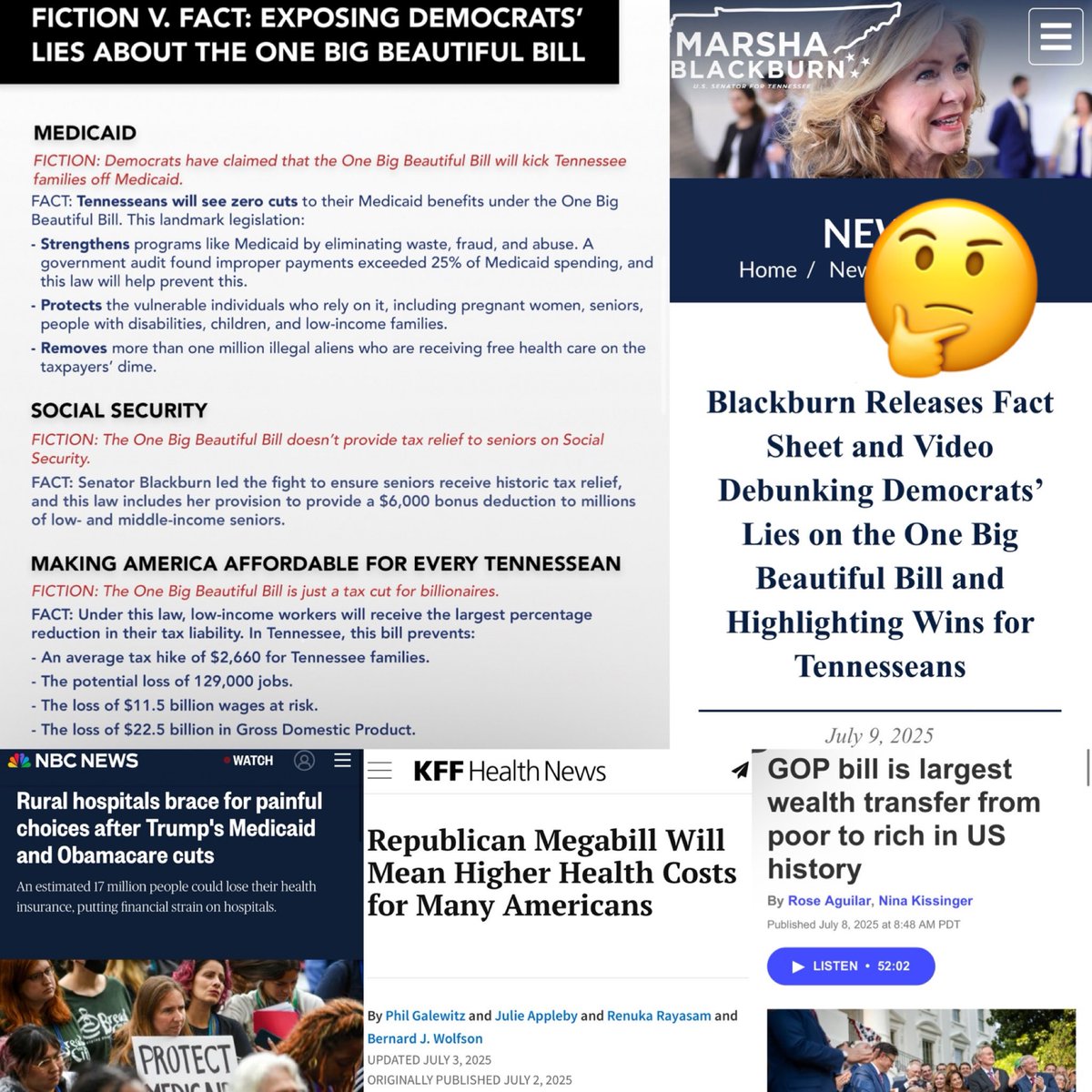 The Tennessee Holler (@thetnholler) on Twitter photo Sen. <a href="/MarshaBlackburn/">Sen. Marsha Blackburn</a> just put out a βfact sheetβ calling it a βfictionβ that their bill kicks people off Medicaid & benefits the richβ despite all analysis to the contrary, est. 310,000 Tennesseans losing coverage.
But will anyone call her on it? This is how they gaslight. Sen. <a href="/MarshaBlackburn/">Sen. Marsha Blackburn</a> just put out a βfact sheetβ calling it a βfictionβ that their bill kicks people off Medicaid & benefits the richβ despite all analysis to the contrary, est. 310,000 Tennesseans losing coverage.
But will anyone call her on it? This is how they gaslight.