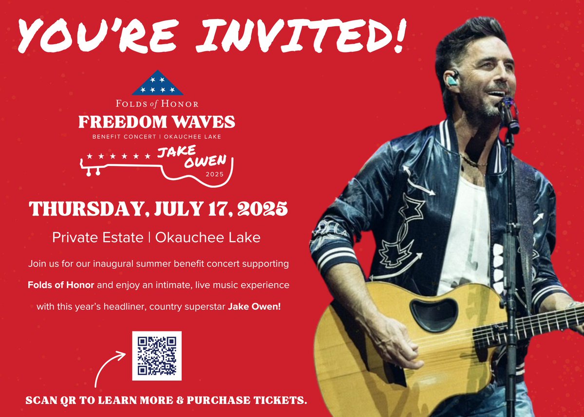 jakeowen's tweet image. Tickets are on sale now for FREEDOM WAVES on July 17th! Join Jake for the inaugural summer benefit concert for Folds of Honor at a private estate on Okauchee Lake in Oconomowoc. Grab your tickets with the link below.
bit.ly/FREEDOMWAVES