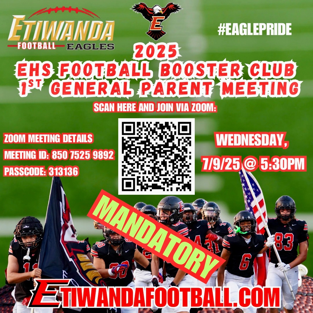 Etiwanda High Football (@etiwandafb) on Twitter photo *ATTN.: FOOTBALL PARENTS*
Dear Eagles Football Parents,
We ask that you please join us TODAY, 7/9/25 @ 5:30PM, for our 1st 2025 Season General Booster Club Meeting. The meeting will be via Zoom. See flyer for link details, or visit: EtiwandaFootball.com
<a href="/EtiwandaFB/">Etiwanda High Football</a> *ATTN.: FOOTBALL PARENTS*
Dear Eagles Football Parents,
We ask that you please join us TODAY, 7/9/25 @ 5:30PM, for our 1st 2025 Season General Booster Club Meeting. The meeting will be via Zoom. See flyer for link details, or visit: EtiwandaFootball.com
<a href="/EtiwandaFB/">Etiwanda High Football</a>