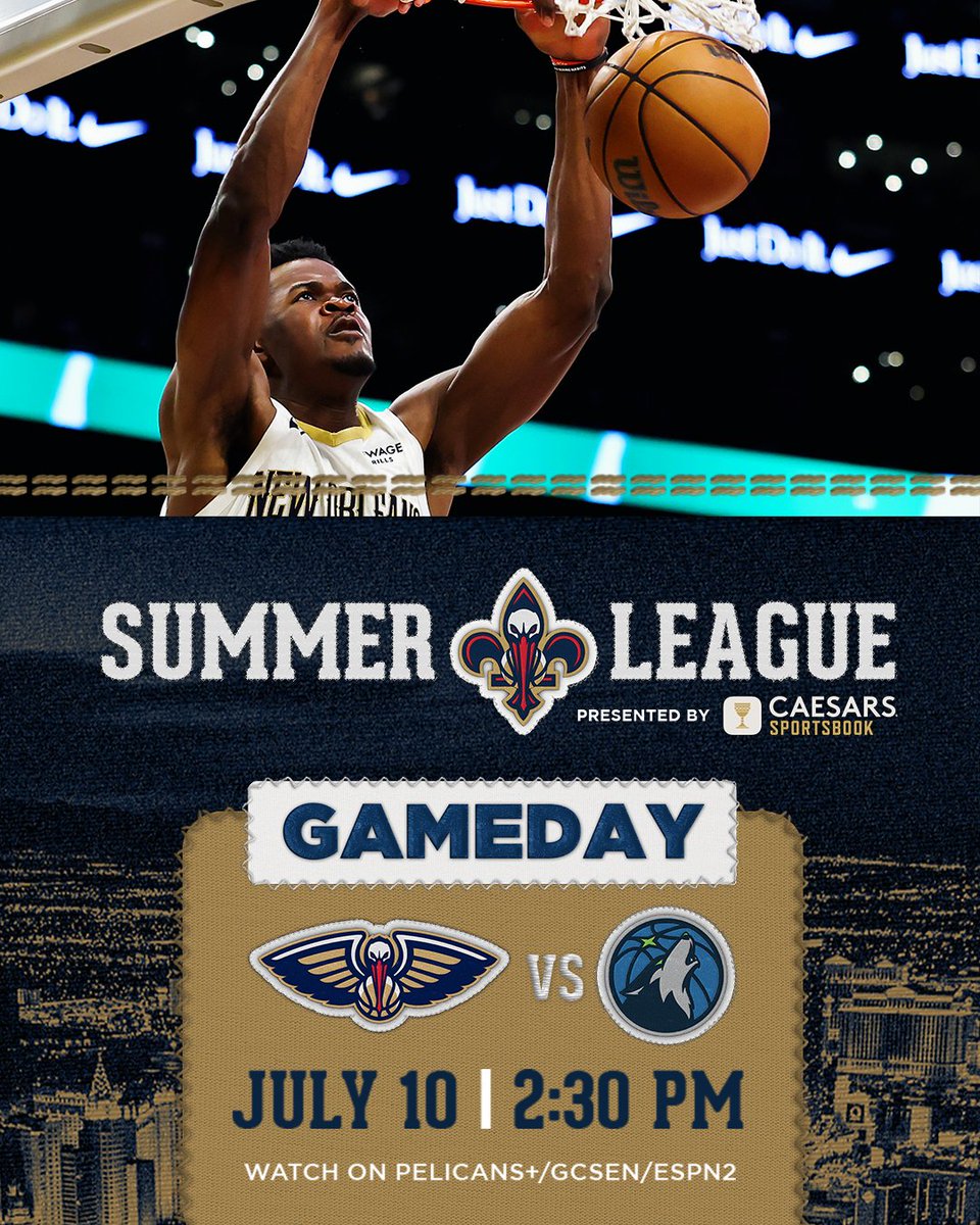 New Orleans Pelicans (@pelicansnba) on Twitter photo The Summer Pelicans are back in business
🆚 Timberwolves
📺 Pelicans+/GCSEN/ESPN2
⏰ 2:30 PM
#Pelicans | <a href="/CaesarsSports/">Caesars Sportsbook</a> The Summer Pelicans are back in business
🆚 Timberwolves
📺 Pelicans+/GCSEN/ESPN2
⏰ 2:30 PM
#Pelicans | <a href="/CaesarsSports/">Caesars Sportsbook</a>