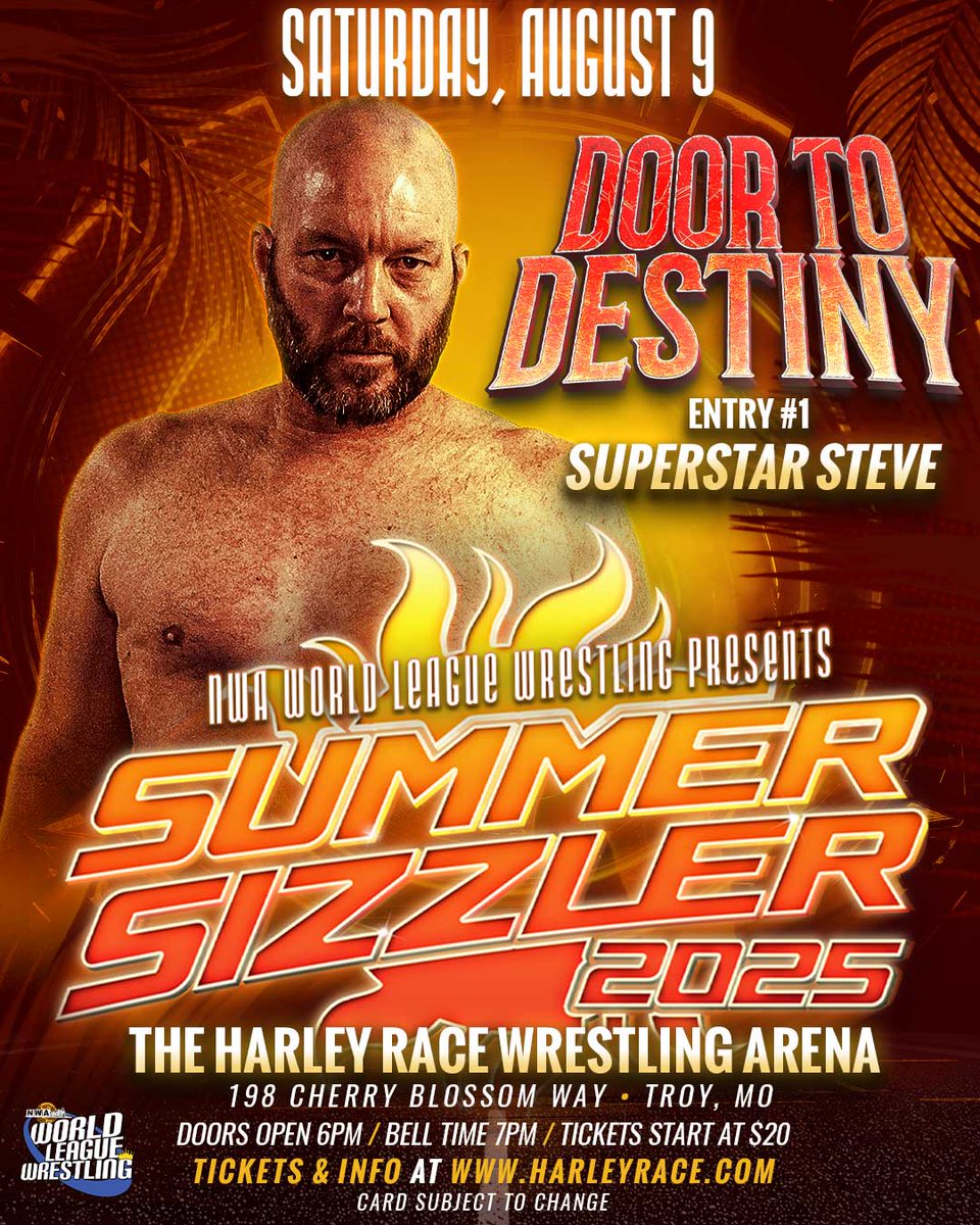 worldleaguewlw's tweet photo. 🚨 It’s BACK! The Door to Destiny Rumble returns at #WLW Summer Sizzler on Aug 9! 💥
The match is BIGGER than ever—final entrant count coming soon!
First 3 announced:
1️⃣ Superstar Steve
2️⃣ Attila Khan
3️⃣ Mike Maverick
🎟️ Get tix: https://t.co/W5waGJgXqy
#ProWrestling #TroyMO https://t.co/hGZ2mP0Zyk