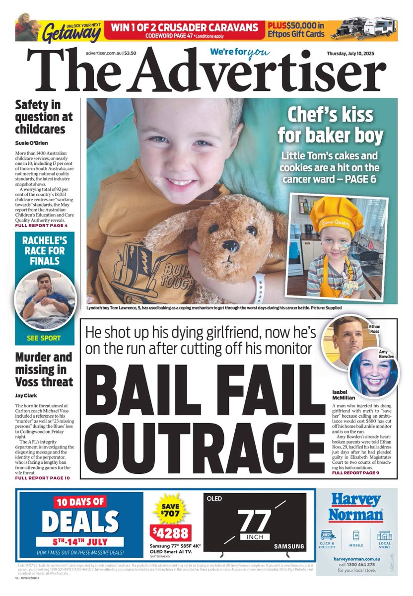 🇦🇺 Bail Fail Outrage

▫The man who injected his dying girlfriend with meth to “save her” from a heroin overdose has fled custody after cutting off his ankle monitor
▫<a href="/IsabelMcMNews/">Isabel McMillan</a>

#frontpagestoday #Australia <a href="/theTiser/">The Advertiser</a>