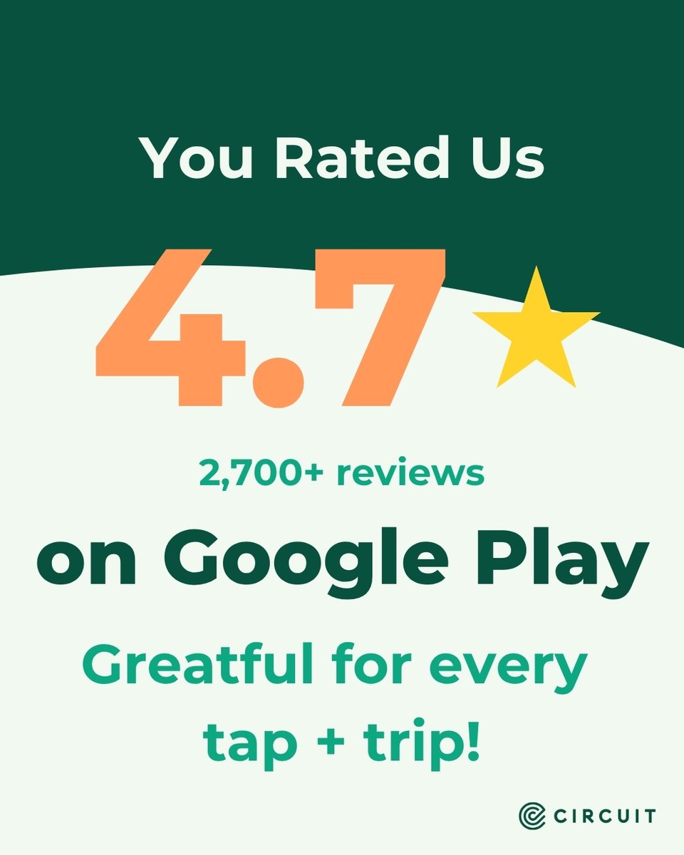 ride_circuit's tweet image. Your reviews = our momentum. 🚙💬

4.9★ on iOS, 4.7★ on Google Play – we’re feeling the love 💚
Big thanks to our reviewers and product team. 2025’s off to a strong start!

#ridecircuit #TopRatedApp #AppLove #Micromobility