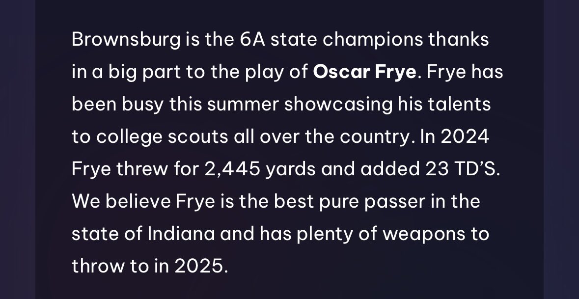 Oscar Frye (@oscarfrye18td) on Twitter photo Looking forward to this weekend’s <a href="/gohustleup/">Hustle Up</a> Alabama tourney w/ my <a href="/BHSdogsfootball/">BHS Football</a>- against some of the top competition in the country. Big thanks to Indiana’s <a href="/TheSportsPage4/">THE SPORTSPAGE</a> for the write-up, “Must See QB in 2025”.
<a href="/Coach_Lantz/">Eric Lantz</a> <a href="/xfactorQB/">Anthony Morelli: X-Factor QB Academy</a> <a href="/QBHitList/">QBHitList.com</a> <a href="/N_W_Sports/">Nation Wide Sports!</a> Looking forward to this weekend’s <a href="/gohustleup/">Hustle Up</a> Alabama tourney w/ my <a href="/BHSdogsfootball/">BHS Football</a>- against some of the top competition in the country. Big thanks to Indiana’s <a href="/TheSportsPage4/">THE SPORTSPAGE</a> for the write-up, “Must See QB in 2025”.
<a href="/Coach_Lantz/">Eric Lantz</a> <a href="/xfactorQB/">Anthony Morelli: X-Factor QB Academy</a> <a href="/QBHitList/">QBHitList.com</a> <a href="/N_W_Sports/">Nation Wide Sports!</a>