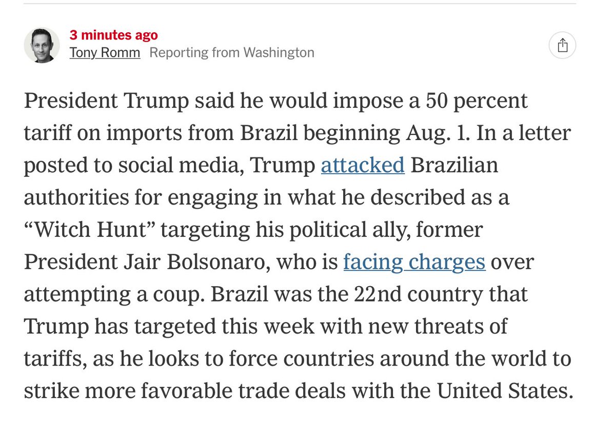 glennnb's tweet image. So WE have to pay a 50% tax on coffee, which we can’t grow here, because Trump wants to be involved in Brazilian politics. This is literally the OPPOSITE OF AMERICA FIRST.