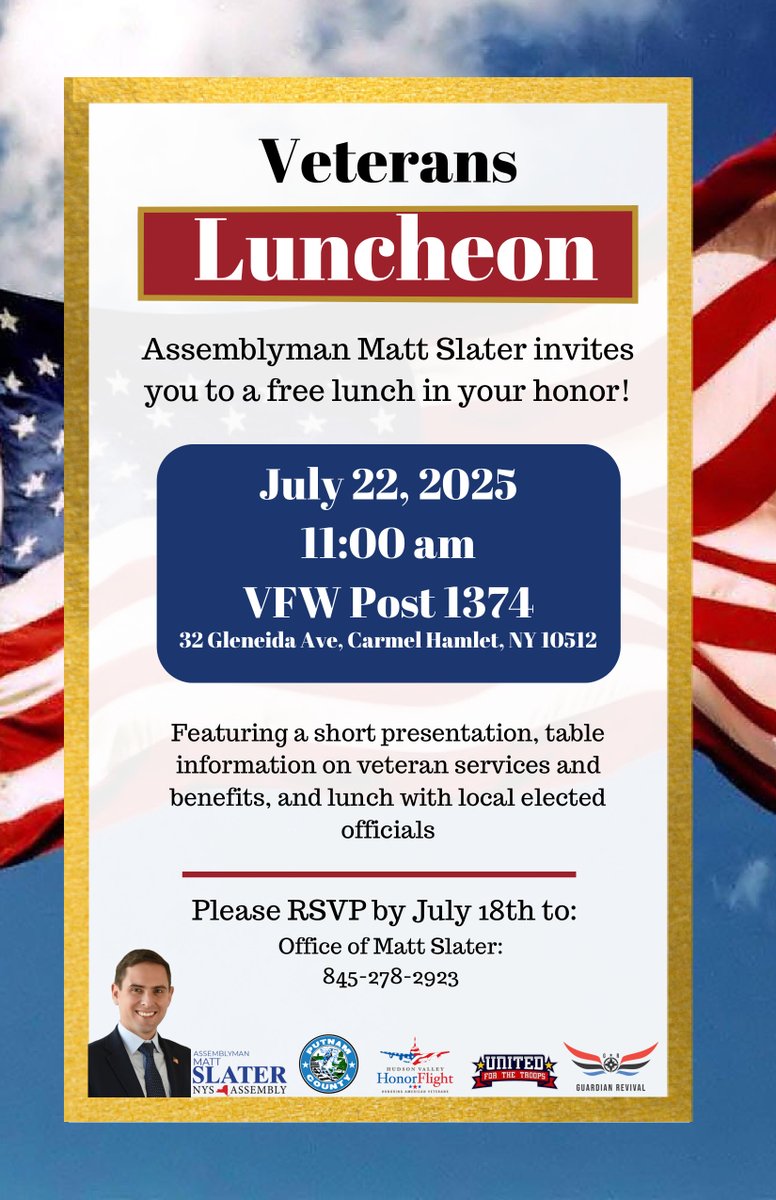 Veterans, you're invited! 

We're proud to host our 3rd Annual FREE Veterans Luncheon. It's a chance to connect with fellow service members and local elected officials, learn about benefits and services available to you, and meet incredible organizations like Hudson Valley Honor