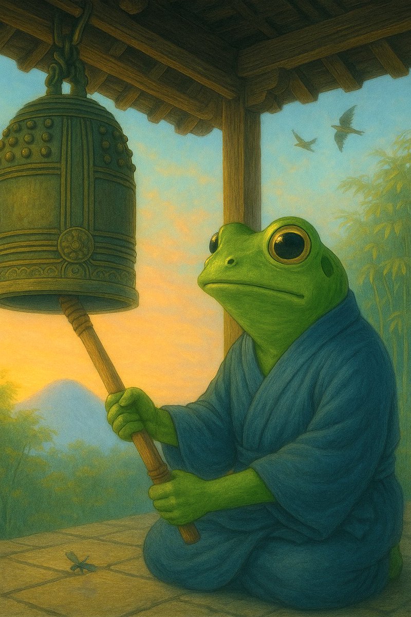 SatoriHopper's tweet photo. 🔔🐸
Strike of the bell /
ripples through the morning mist.

鐘を打てば／
朝霧のなかに 響きゆく

#ZenMorning #Frogmonk #SatoriHopper #禅蛙 #朝の鐘 #円 #ZENfrog #心の一打 https://t.co/23SNWxQjjL