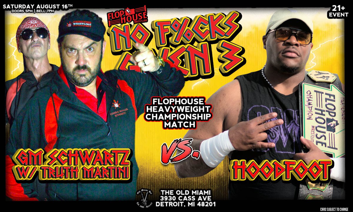 flophouseAF's tweet photo. They were family. Now @SchwartzyMMHMM calls @HoodFoot418 his biggest failure.
This isn’t just a title match—it’s betrayal, emotion, and brutality.
💥 Flophouse Heavyweight Title
🔥 Hoodfoot (c) vs. GM Schwartz (w/ Truth Martini)
📍 Old Miami – Detroit
📅 Sat, Aug 16 | ⏰ 5PM Doors / 7PM Bell
🎟️ https://t.co/rTF0S5oA91
#NoFucksGiven3 #FlophouseWrestling #DetroitWrestling #IndieWrestling #IWTV