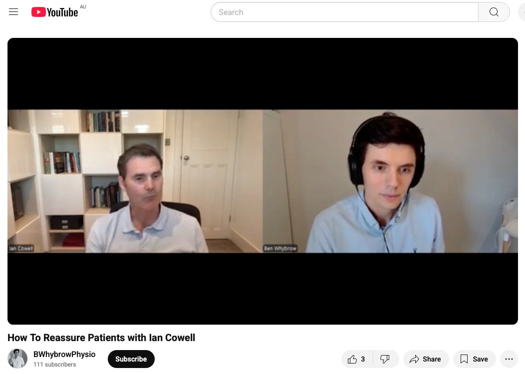 Reassurance is recommended for people with chronic low back pain - but what does it really look like?
Dr Ian Cowell discusses his OPEN ACCESS paper: lnkd.in/gD3tbbGG
HERE:
Apple: lnkd.in/gCE9sFvu 
Spotify: lnkd.in/gZWg3M4w 
YouTube:lnkd.in/gbHdBkjd