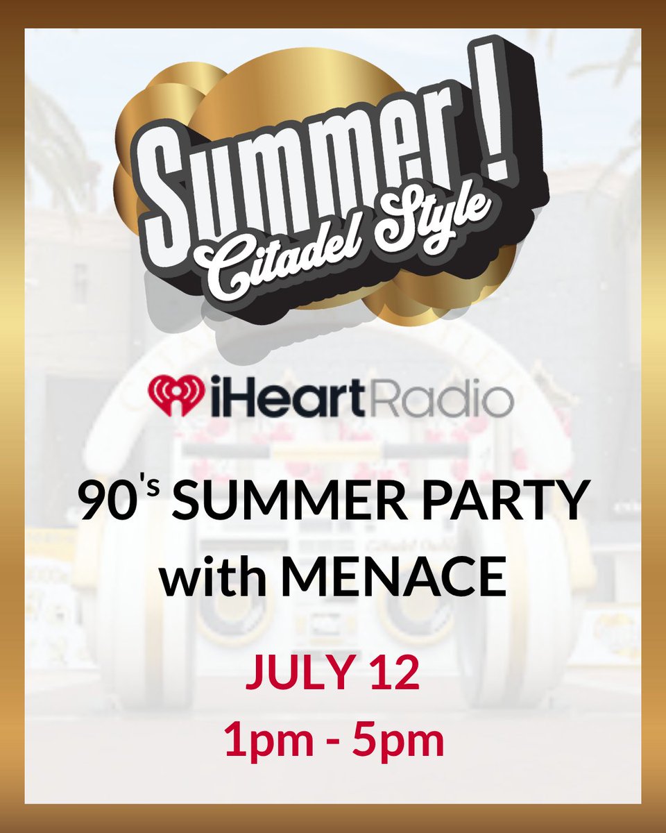 Let’s kick it old school! Join us for a totally rad 90’s Party at Citadel Outlets with iHeartRadio’s @Menace 🎶✨ Enjoy 90's hits, epic giveaways, and fun for the whole fam. Dress in your best throwback fit and get ready to party like it’s 1999!

More info at the link in bio.