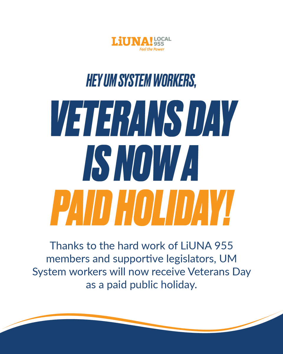 LiUNALocal955's tweet photo. HB 419 is now law, and Veterans Day is a paid holiday for all UM System workers.

Thanks to the members who fought for this, and to the lawmakers who stood with us.

Union power made it happen.

#UnionStrong #VeteransDayVictory #UMSystem #SolidarityWins #MizzouWorkersUnited https://t.co/fSt71DQi9Y