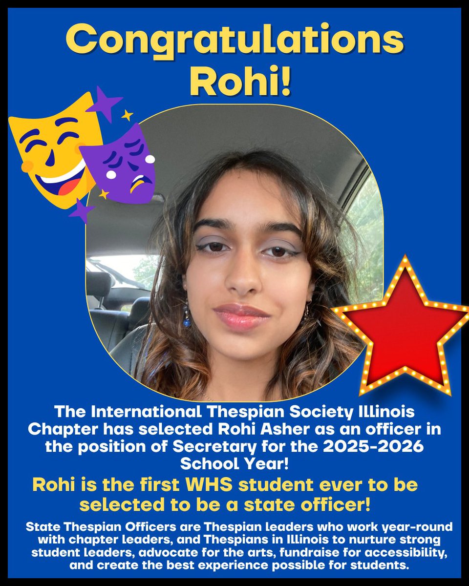 WHS Athletics (@gowhsathletics) on Twitter photo Congratulations on being selected as Secretary for the Illinois Thespian Society Rohi!  #ForTheW #illinoithespiansociety #makinghistory #nlccconference Congratulations on being selected as Secretary for the Illinois Thespian Society Rohi!  #ForTheW #illinoithespiansociety #makinghistory #nlccconference