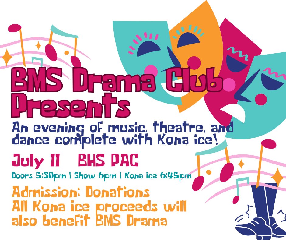 BettSchools's tweet image. 🎭 Join us for a night of theatre, music &amp;amp; dance with the BMS Drama Club!
🗓️ Friday, July 11 | 🕠 Doors: 5:30 pm | 🎬 Show: 6 pm
📍 BHS Performing Arts Center
🍧 Kona Ice at 6:45 pm – proceeds benefit BMS Drama!
Admission by donation. #BettPride #SupportTheArts