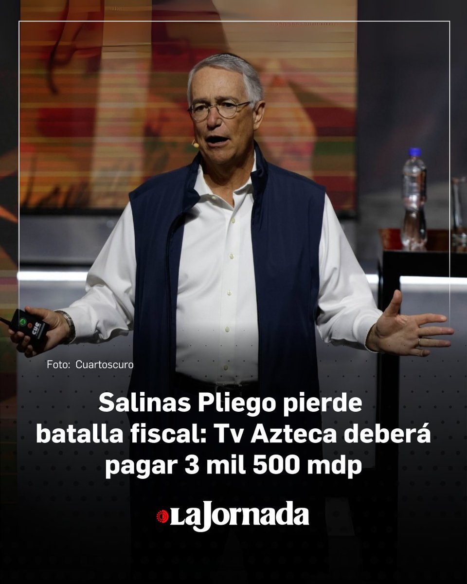 La Jornada (@lajornadaonline) on Twitter photo 📺 Tv Azteca, propiedad de Ricardo Salinas Pliego, perdió en segunda instancia un amparo contra el pago de impuestos sobre la renta por el ejercicio 2009. El Décimo Tercer Tribunal Colegiado resolvió que la televisora deberá cubrir alrededor de 3 mil 500 millones de pesos si el 📺 Tv Azteca, propiedad de Ricardo Salinas Pliego, perdió en segunda instancia un amparo contra el pago de impuestos sobre la renta por el ejercicio 2009. El Décimo Tercer Tribunal Colegiado resolvió que la televisora deberá cubrir alrededor de 3 mil 500 millones de pesos si el