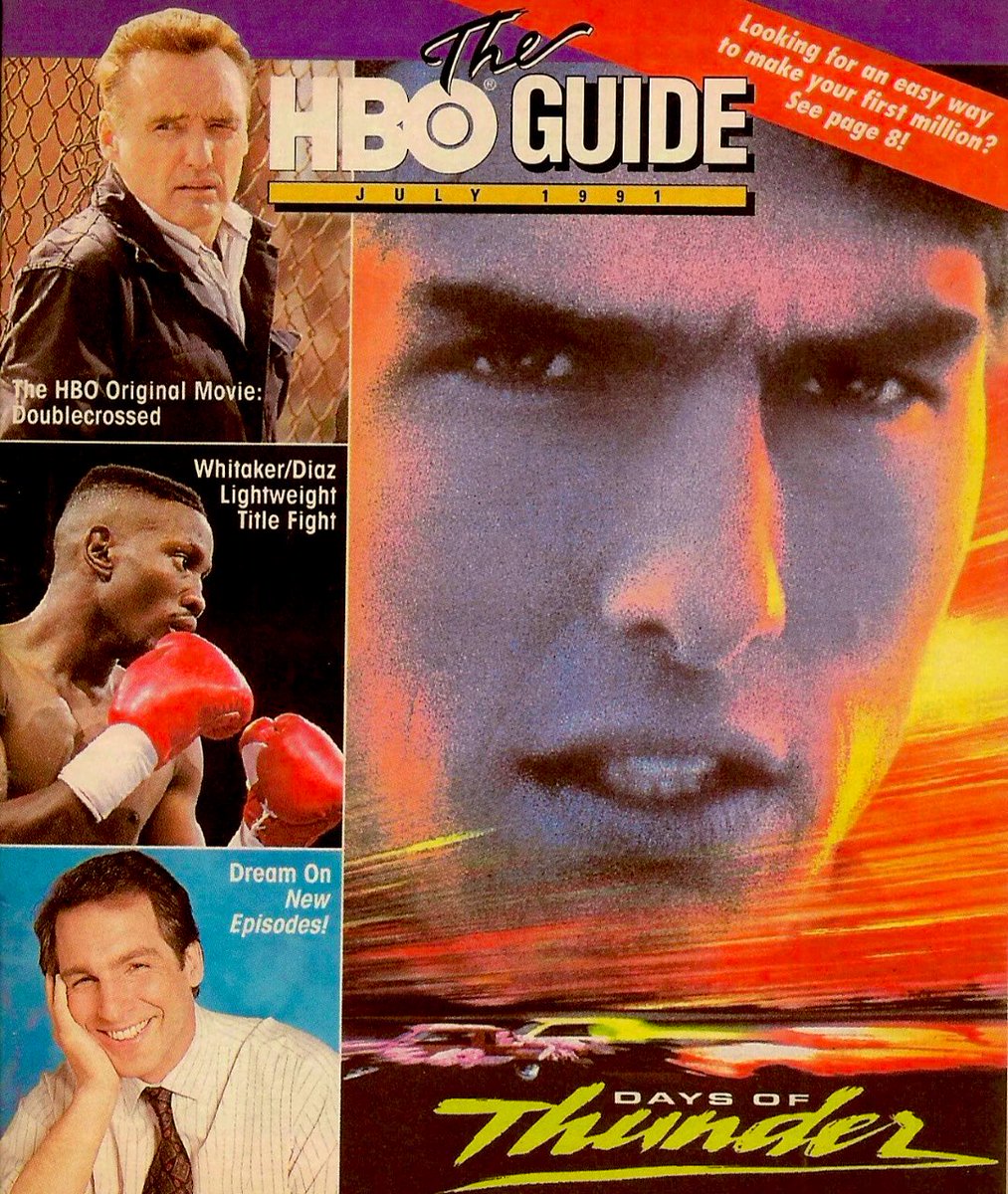 ClassicHBOGuide's tweet photo. July 1991 @HBO @Cinemax - @TomCruise stars (and co-wrote) the car racing drama: DAYS OF THUNDER - guide cover/ad, story on the troubled production, teaser ad #1990s #nascardriver @NASCAR #cinema https://t.co/s2gM8LjRbs