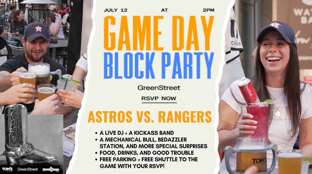 espn975's tweet image. As Texans, we’re built on pride, grit, and a deep sense of community — and this Saturday, July 12, we’re bringing all of that to life at the Game Day Block Party at GreenStreet. 🤍🌟

📍1201 Caroline Street #Suite #161 [level G] Houston, TX 77002

In honor of the Astros vs.