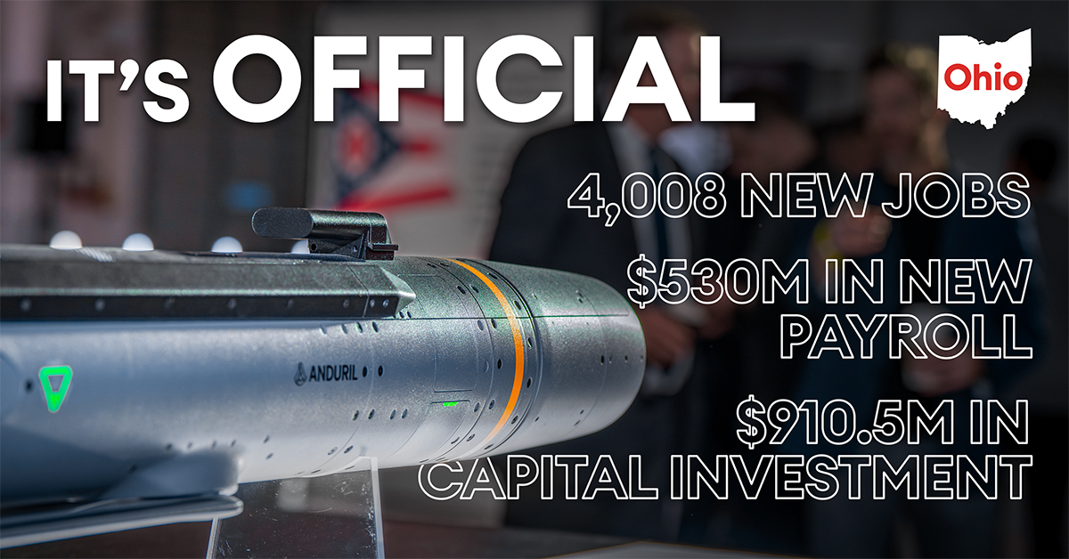 JobsOhio's tweet image. Our goal: to attract the world’s most cutting-edge companies, like @anduriltech, while creating generational opportunities for Ohio’s people and economy. teamoh.io/45VoOSu