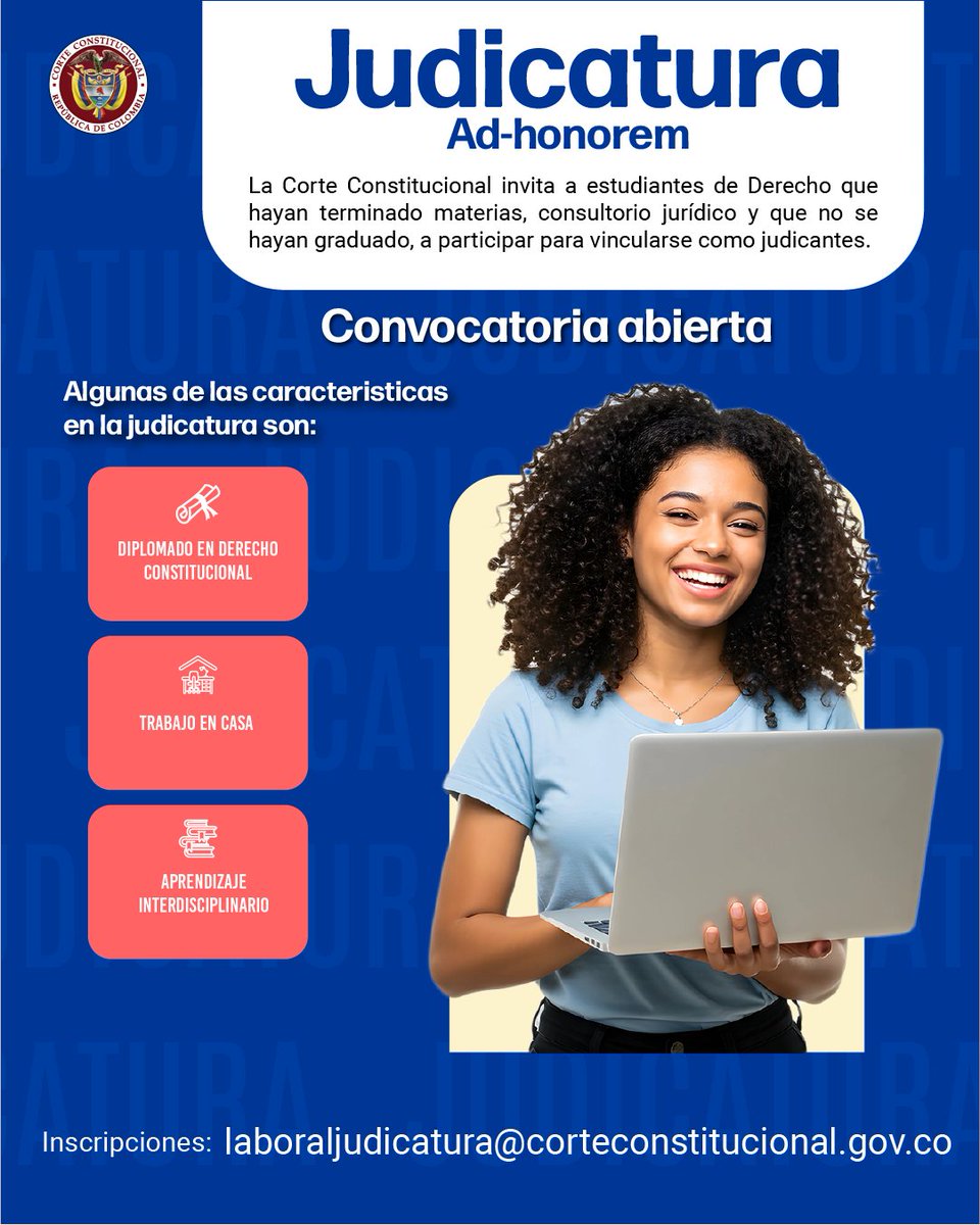 CConstitucional's tweet image. #LaCorteInforma 📰| Convocatoria abierta para realizar la judicatura en la Corte Constitucional.
Toda la información en el siguiente link
👉🏼corteconstitucional.gov.co/sedeelectronic…