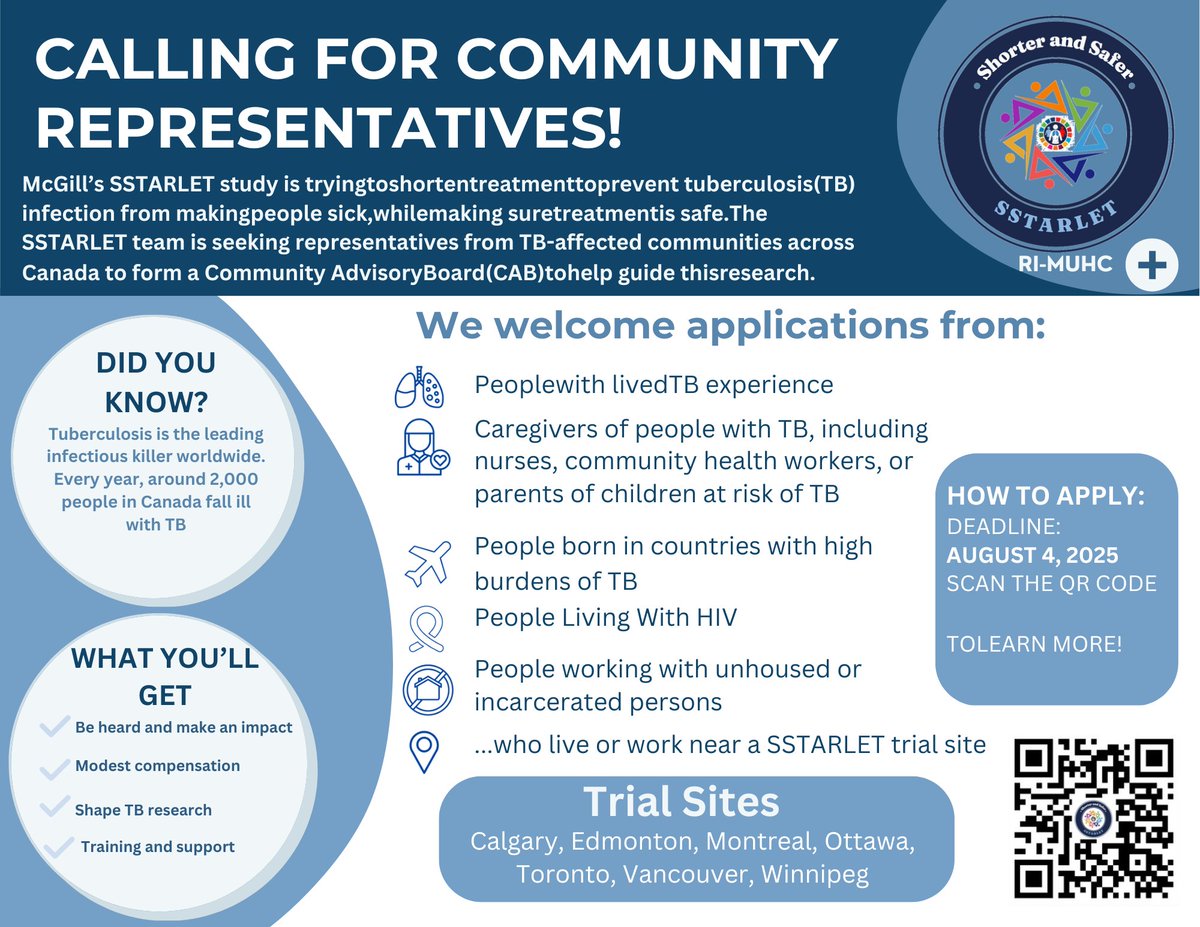 Are you passionate about community health, TB prevention, or have lived experience with TB?

Join the SSTARLET trial's Advisory Board to help guide research on safer, shorter TB treatments.

🗓️ Apply by Aug 4
🔗 scanned.page/p/686d5ba3c9060