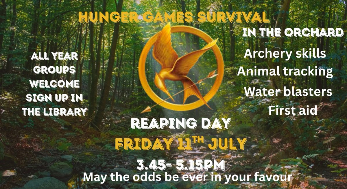 Northgate Library (@ngatelibrary) on Twitter photo Northgate Reaping Day is almost upon us for the brave tributes attending our inaugural Hunger Games Survival event in the orchard <a href="/NgateDereham/">Northgate High School</a> With final prepping of the arena tasks completed and all places filled🏹 may the odds be ever in your favour <a href="/UkslaN/">SLA Norfolk and Suffolk Branch</a> Northgate Reaping Day is almost upon us for the brave tributes attending our inaugural Hunger Games Survival event in the orchard <a href="/NgateDereham/">Northgate High School</a> With final prepping of the arena tasks completed and all places filled🏹 may the odds be ever in your favour <a href="/UkslaN/">SLA Norfolk and Suffolk Branch</a>